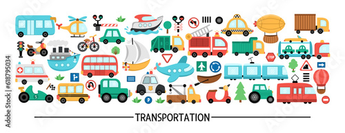 Vector transportation horizontal set with different kinds of transport. Road trip card template or frame design for banners, invitations. Cute illustration with bus, car, boat, truck, bike, train
