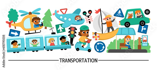 Vector transportation horizontal set with different kinds of transport and cute kids drivers. Road trip card template, frame design for banners. Cute illustration with bus, car, plane, train.