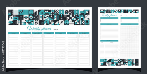 Planners set geometry. Weekly and daily planners. Planners printable template with geometric shapes. Blank white notebook page A4. Vector illustration.
