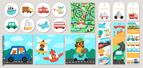 Cute transportation cards set with bus, car, boat, truck. Vector cartoon road trip square, round, vertical print templates. Transport design for tags, postcards, ads with bike, plane,  train, road map