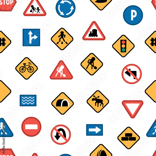 Free Download Vector road signs seamless pattern. Railway and traffic street repeating background. Cute highway rules texture with traffic lights, stop, construction works plates, arrows. - GFXLoad