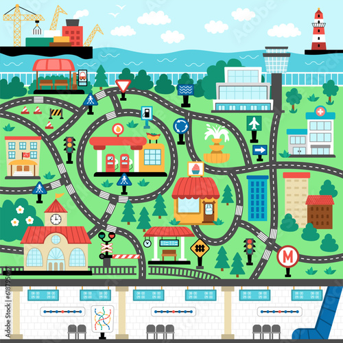 City transportation map. Square shaped background with air, water, land, underground transport places for kids. Vector road trip playing mat or rug for kids. Urban plan with railway station, bus stop.