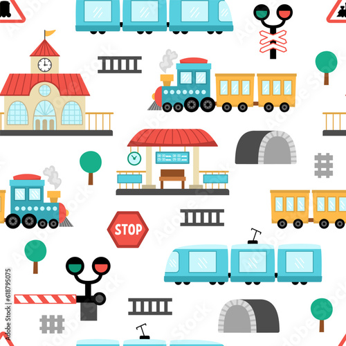 Vector railway transport seamless pattern. Funny railroad transportation repeating background with train  steam train  tunnel for kids. Cute rail vehicles texture with semaphore  barrier.
