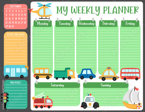 Vector transportation weekly planner with week days, to do list, goals. Cute transport calendar or timetable for kids. Road trip poster with fire engine, police car, yacht, taxi, bus, traffic lights.