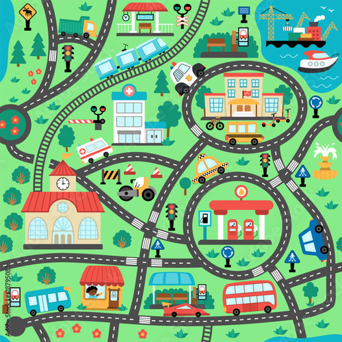 City transport map seamless pattern. Repeating background with railway, roads, traffic signs for kids. Vector texture with train, cars, truck. Urban plan with airport, seaport, bus stop, gas station