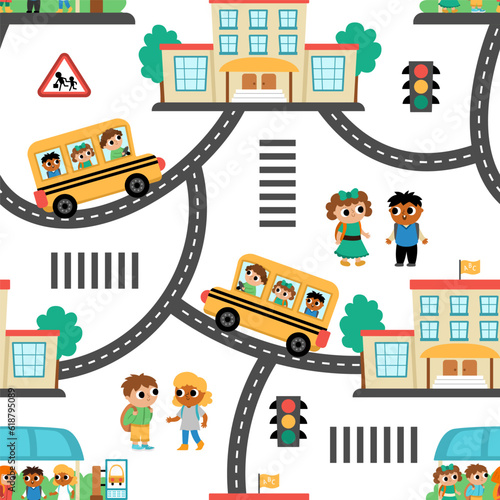 Vector transportation seamless pattern with children. Funny school bus repeating background with driver, little schoolchildren, bus stop, building for kids. Cute texture with boys and girls.