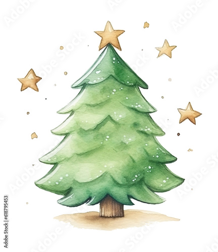 Cute New Year and Christmas Tree Watercolor Illustration, Vibrant Green Fraser fir Tree with Golden Star, Perfect for Festive Holiday Designs, Ai generative
 photo