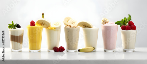 seven smoothies each containing bananas and strawberries lined up on a white table Generated by AI