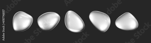 3d chrome liquid shape, set metallic fluid bubbles isolated on black background. Render of 3d abstract, futuristic metal blob with gradient chrome reflection effect. 3d vector geometric illustration