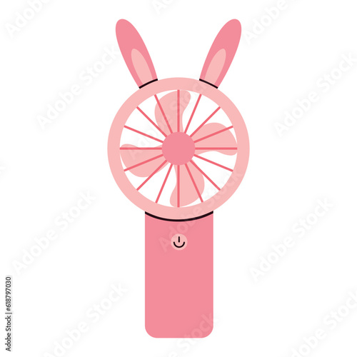 Portable handheld electric fan. Cooling hand fan with cute rabbit ears. Portable equipment for summer travel in the heat. Vector illustration in cartoon style. Isolated white background.