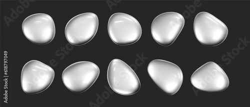 3d chrome liquid shape, set metallic fluid bubbles isolated on black background. Render of 3d abstract, futuristic metal blob with gradient chrome reflection effect. 3d vector geometric illustration