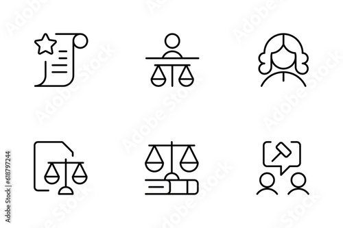 Legal documents icons. Law, judge, justice line icon set. vector illustration. linear Editable Stroke. Line, Solid, Flat Line, thin style and Suitable for Web Page, Mobile App, UI, UX design.