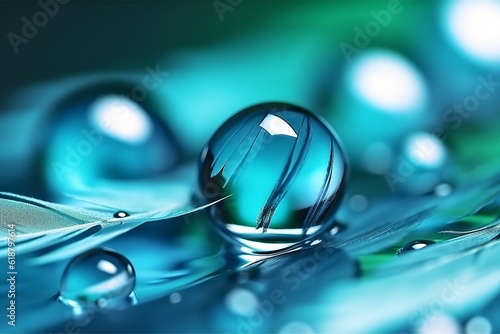 A beautiful symbolic macro image depicting the fragility and purity of nature is captured in the form of perfect round water droplets in shades of blue. Created with Generative AI technology