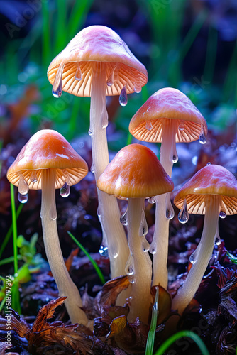 Vertical background Psilocybe semilanceata mushrooms growing on a forest substrate. AI generated