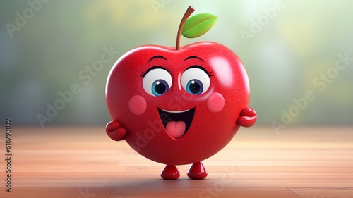 Playful Red Apple Cartoon Character with a Joyful Smile  Cute Fruit Sticker Icon  Isolated on a Blurry Background. Fresh and Wholesome Symbol of Organic Vegan Diet. Generative AI.
