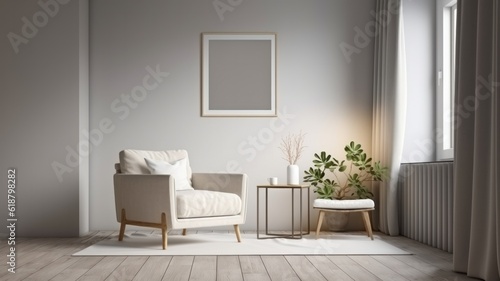 Interior of living room with coffee table and white beige fabric armchair  an empty poster on the wall. Generative AI.