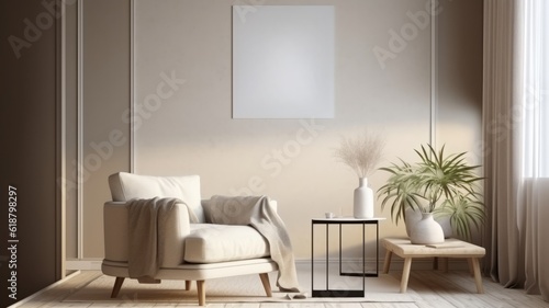 Interior of living room with coffee table and white beige fabric armchair, an empty poster on the wall. Generative AI.