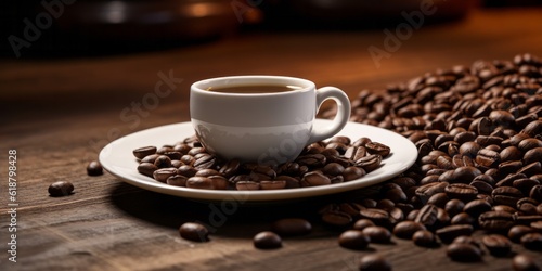 Hot white coffee mug on wooden table with roasted coffee beans, cozy warm mood, black and brown tones. Generative AI.