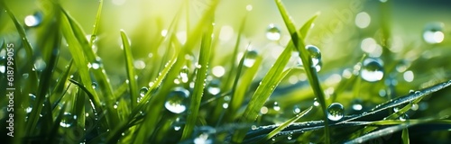 An illustration of fresh grass and sparkling morning dew in warm sunlight, with a shallow focus, capturing the beauty of outdoor nature. Created with Generative AI technology