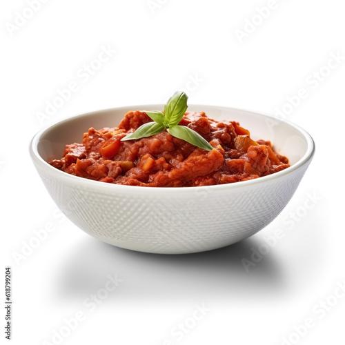 Bolognese sauce in white bowl, side view, isolated, Transparent
