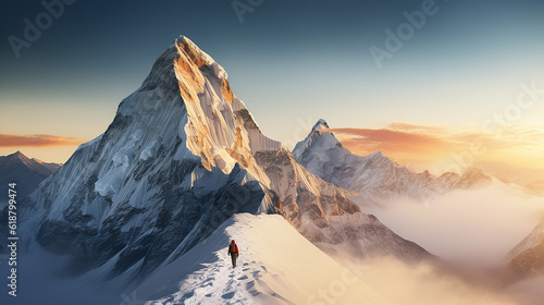 Everest Summit, landscapes, serene vistas, and stunning peaks, exploration, conquer challenges. generated AI