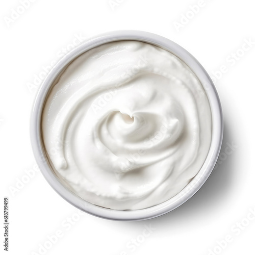 Greek Yogurt, top view in a white bowl, isolated on Transparent 