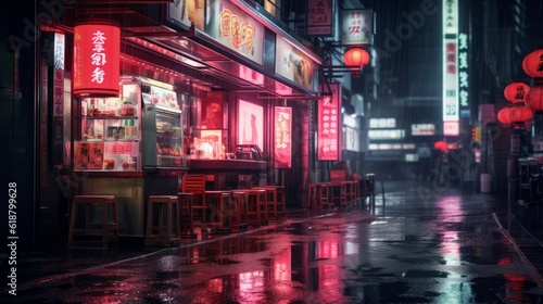 Neon-lit Cyberpunk Cityscape: Futuristic Japanese Metropolis in the Rain. Generative AI. © TrueAI