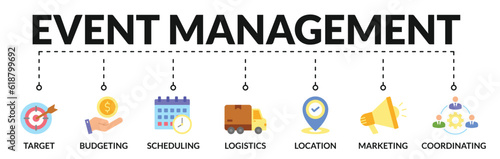 Banner of event management web vector illustration concept with icons of target, budgeting, scheduling, logistics, location, coordinating