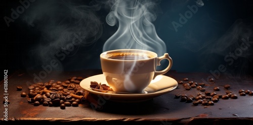 Hot white coffee mug on wooden table with roasted coffee beans, cozy warm mood, black and brown tones. Generative AI.