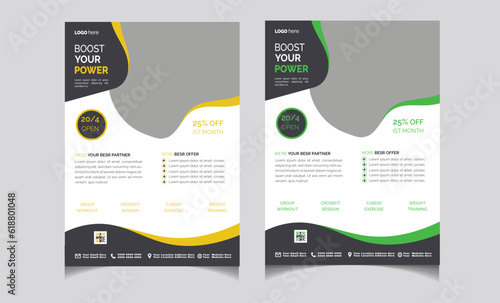 Fitness Flyer and Exercise Poster design Layout with Purple and Yellow Accents yoga studio counter informing about