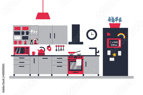 Kitchen interior with furniture. Cozy and bright kitchen interior with stove, cupboard, dishes, microwave and refrigerator. Illustration in a flat style.