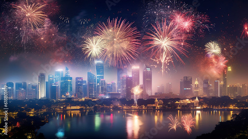 spectacular fireworks show over a city skyline on Independence Day, AI-Generated © Tahsin