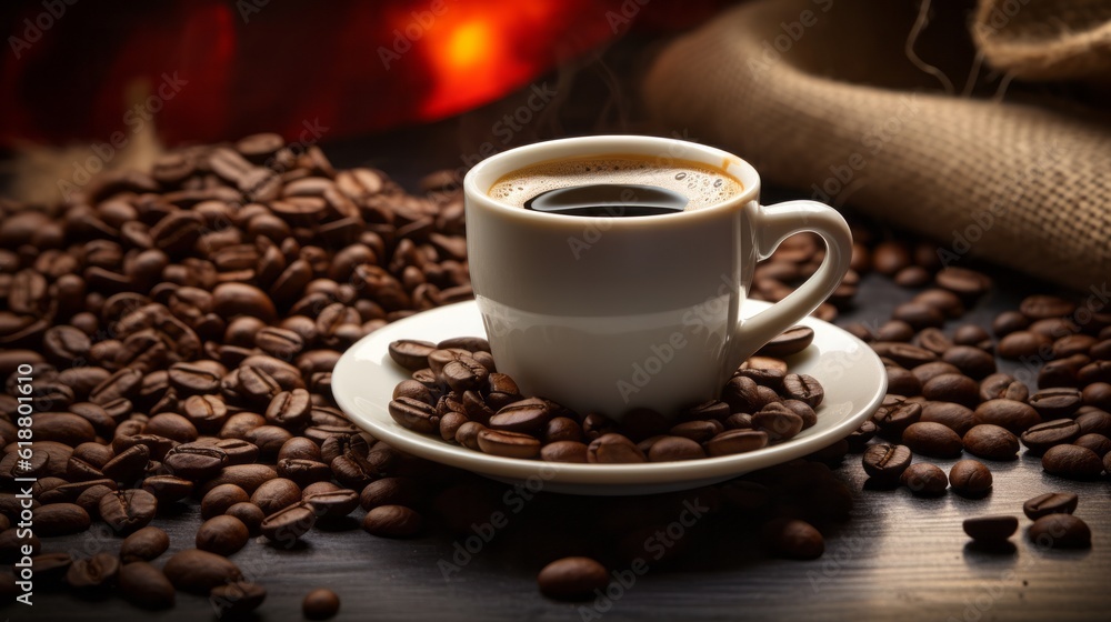 Hot white coffee mug on wooden table with roasted coffee beans, cozy warm mood, black and brown tones. Generative AI. Hot white coffee mug on wooden table with roasted coffee beans, cozy warm mood, black and brown tones. Generative AI.