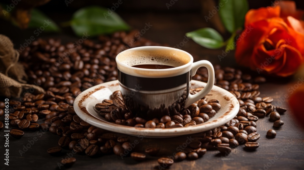 Obraz premium Hot black coffee mug on wooden table with roasted coffee beans, cozy warm mood, black and brown tones. Generative AI.