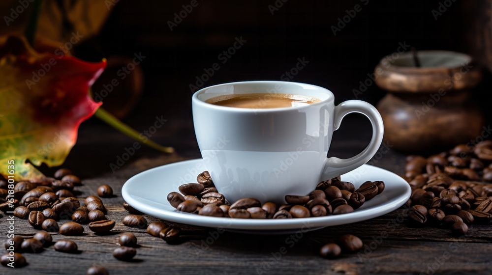 Hot white coffee mug on wooden table with roasted coffee beans, cozy warm mood, black and brown tones. Generative AI. Hot white coffee mug on wooden table with roasted coffee beans, cozy warm mood, black and brown tones. Generative AI.