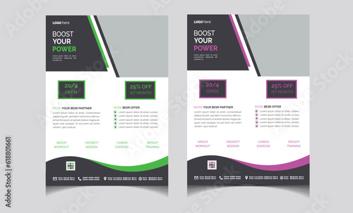 Fitness Flyer and Exercise Poster design Layout with Purple and Yellow Accents yoga studio counter informing about