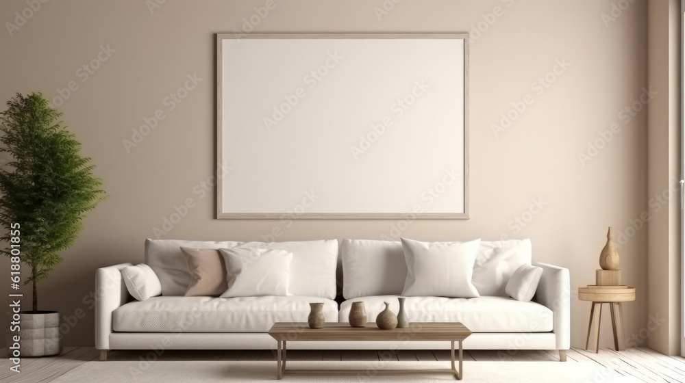 Fototapeta premium A modern living room in a neutral white decor with an empty poster on the wall. Generative AI.