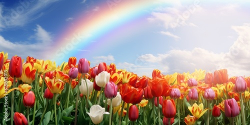 A mesmerizing kaleidoscope of tulips dances in a rainbow garden  blessed by a gentle rain shower  Generative AI.