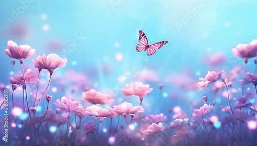 An illustration of a Purple butterfly on wild white violet flowers in grass against the blue sky, macro view. Made with Generative AI technology