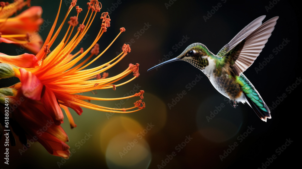 hummingbird drinking nectar from a flower , macro , AI generated - obrazy, fototapety, plakaty 