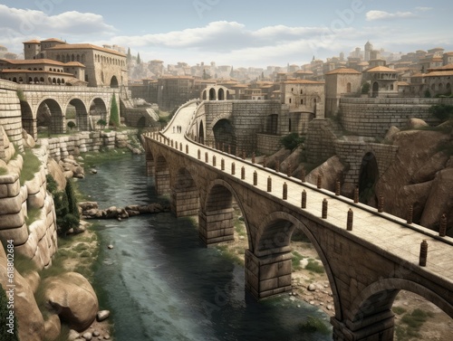 Foto Illustration of Ancient Rome with paved roads, river and Ancient buildings and bridges