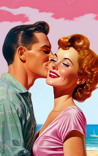 Cute illustration of couple in love kissing on the cheek. 50's illustration style. Generative AI.
