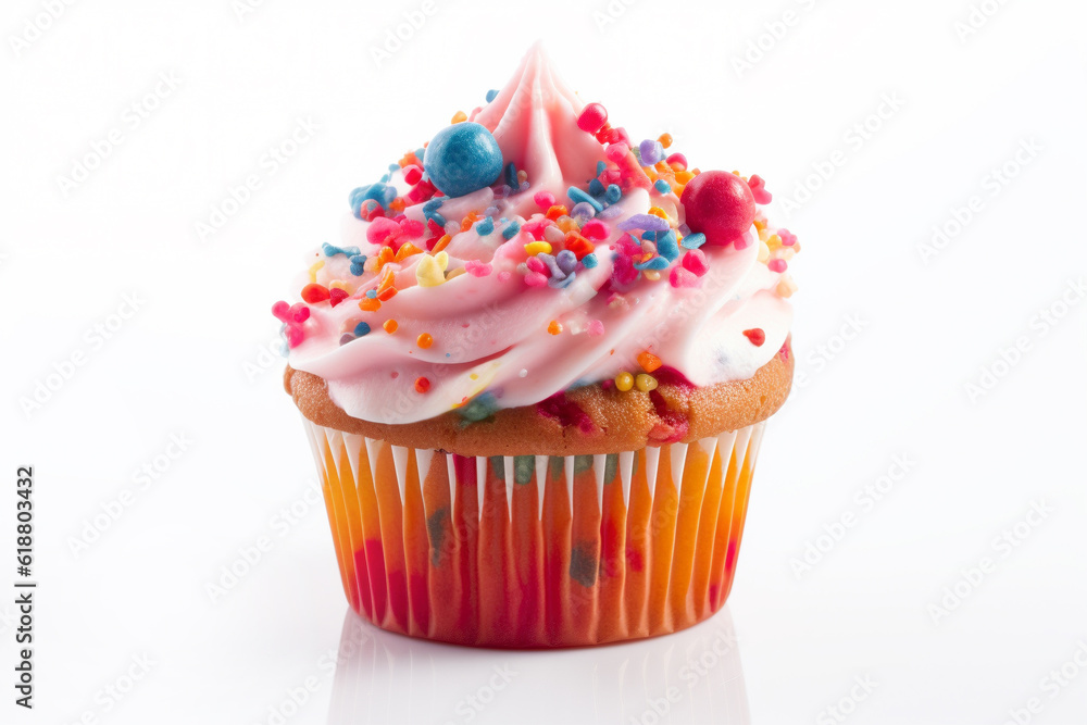 Cupcake with pinkl frosting and colorful sprinkles on white background