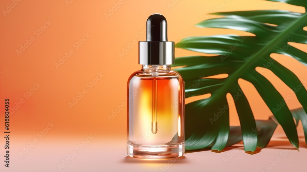 Naklejka premium Cosmetic dropper glass on beige background with leaves, Generative AI