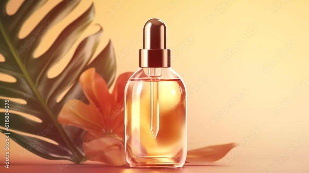 Cosmetic dropper glass on beige background with leaves, Generative AI Cosmetic dropper glass on beige background with leaves, Generative AI