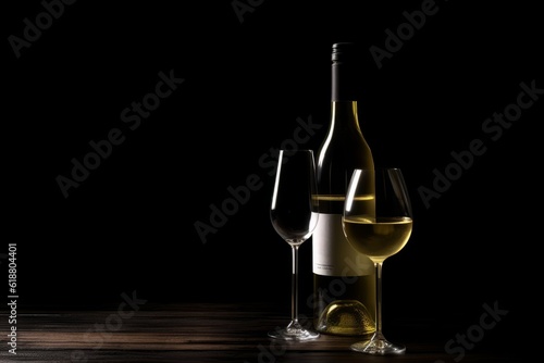 bottle of white wine with glasses on table in dark cellar. generative ai.