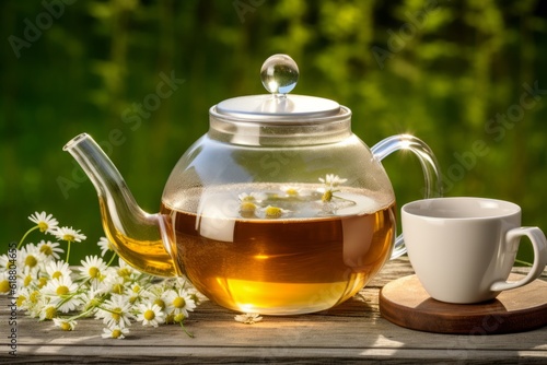 chamomile tea. Healthy chamomile tea is poured into a glass cup. A teapot, a bundle of heather and a glass jar of chamomile medicinal herbs. generative ai.