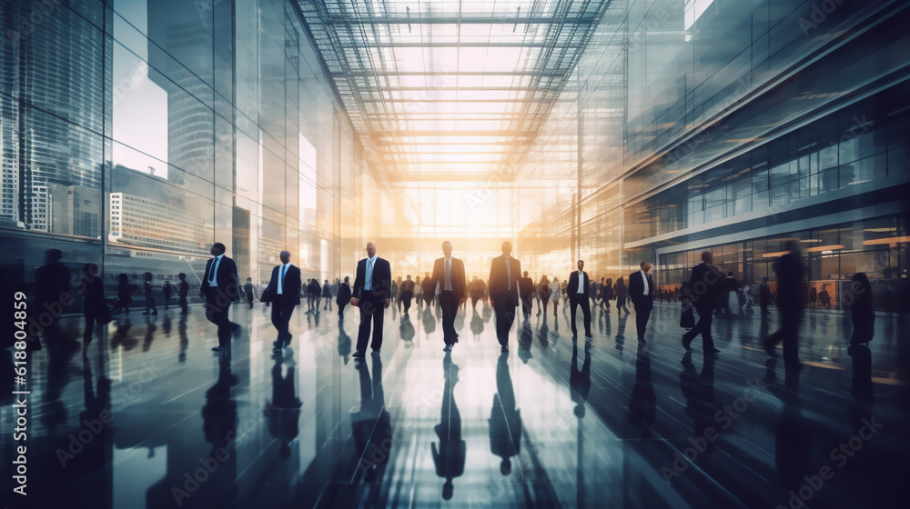 Modern office interior with busy business people walking around. Crowd of business people walking in office fast moving with blurry business decks glass fronts. Generative AI