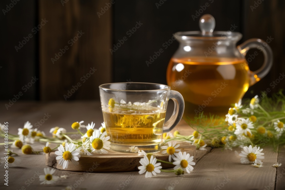 chamomile tea. Healthy chamomile tea is poured into a glass cup. A teapot, a bundle of heather and a glass jar of chamomile medicinal herbs. generative ai. chamomile tea. Healthy chamomile tea is poured into a glass cup. A teapot, a bundle of heather and a glass jar of chamomile medicinal herbs. generative ai.