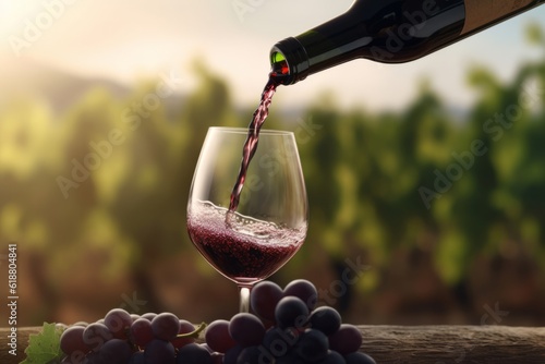 red wine is poured from a bottle into a glass near the vineyards. generative ai.